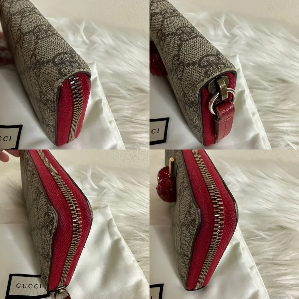 💯Authentic Gucci Beige/Red GG Supreme Canvas Cherry Zip Around Wallet🍀